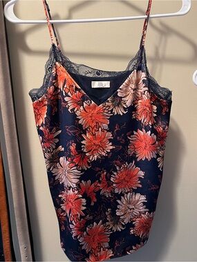 Little Moon Navy Floral Lace-Trim Cami with Coral & Blush Blooms